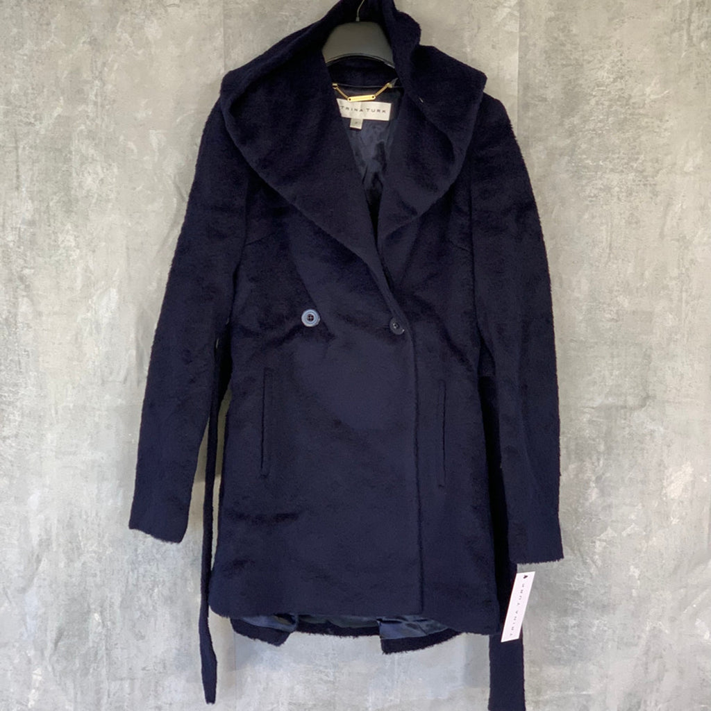 TRINA TURK Navy Grace Hooded Two-Button Belted Alpaca Coat SZ 6