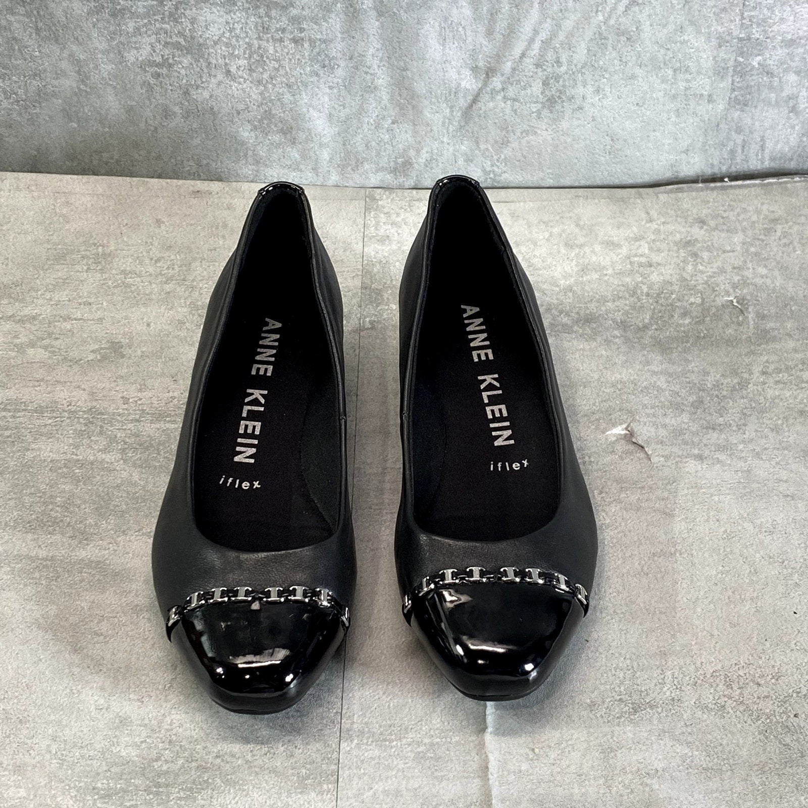 ANNE KLEIN Women's Black Leather iFlex Maysel Slip-On Square-Toe Wedge Flats SZ 7.5