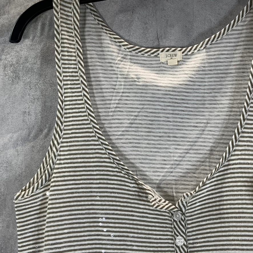 J.CREW Women's Gray/White Striped Sequin Embellished Henley Tank Top SZ S