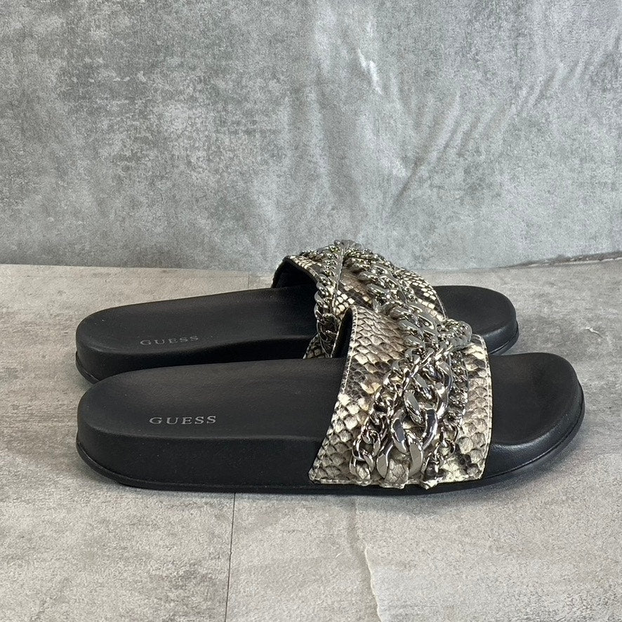 GUESS Women's Tan Animal Embossed Salema Chain Detail Slide Pool Sandals SZ 5
