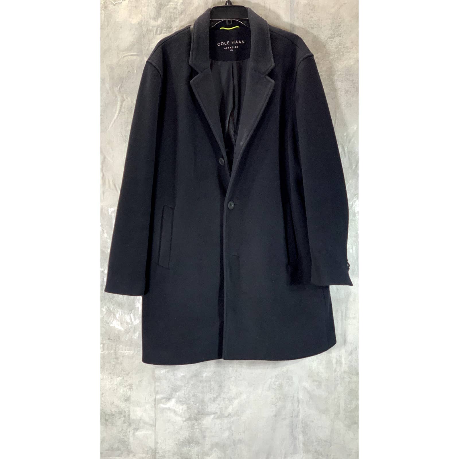 COLE HAAN Grand.OS Men's Black Stretch Wool Three-Button Top Coat SZ L