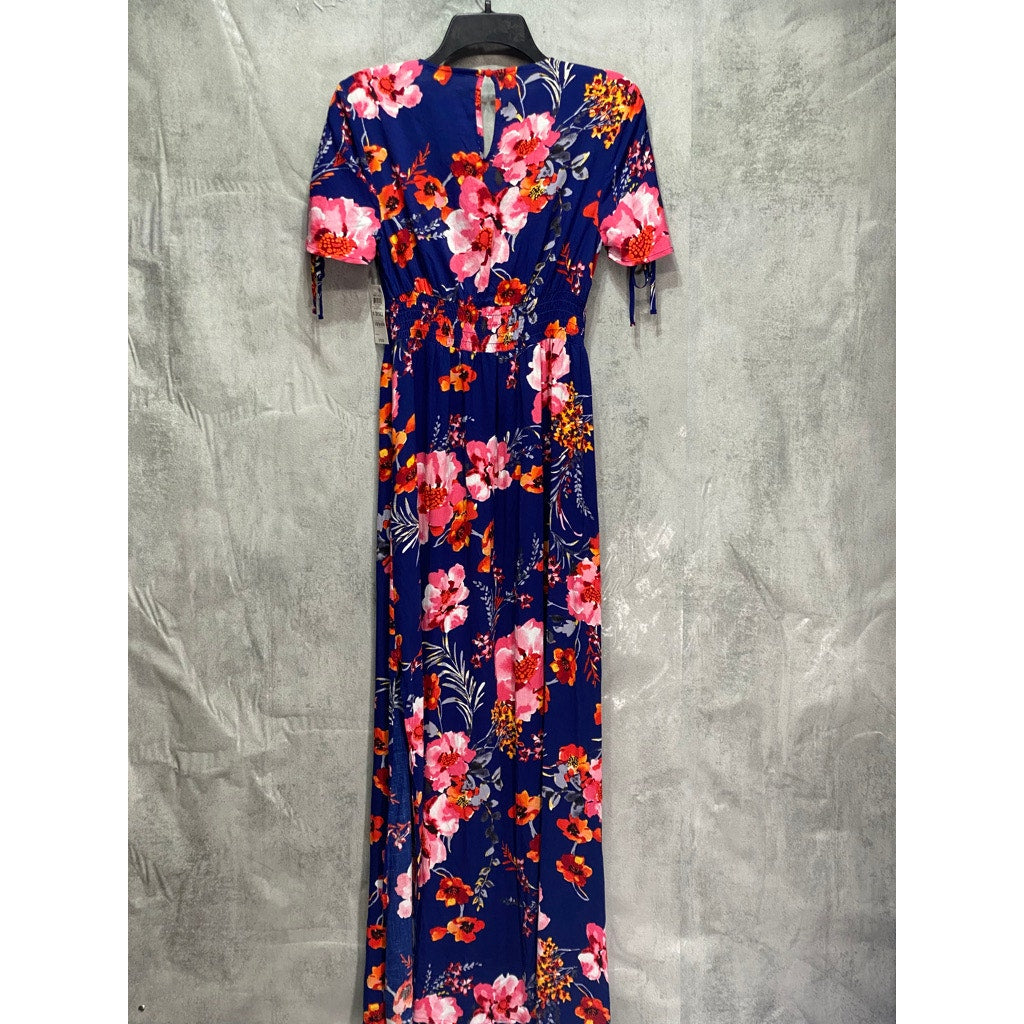 BAR III Blue Floral-Print V-Neck Smocked-Waist Short Sleeve Maxi Side-Slit Dress SZ XS