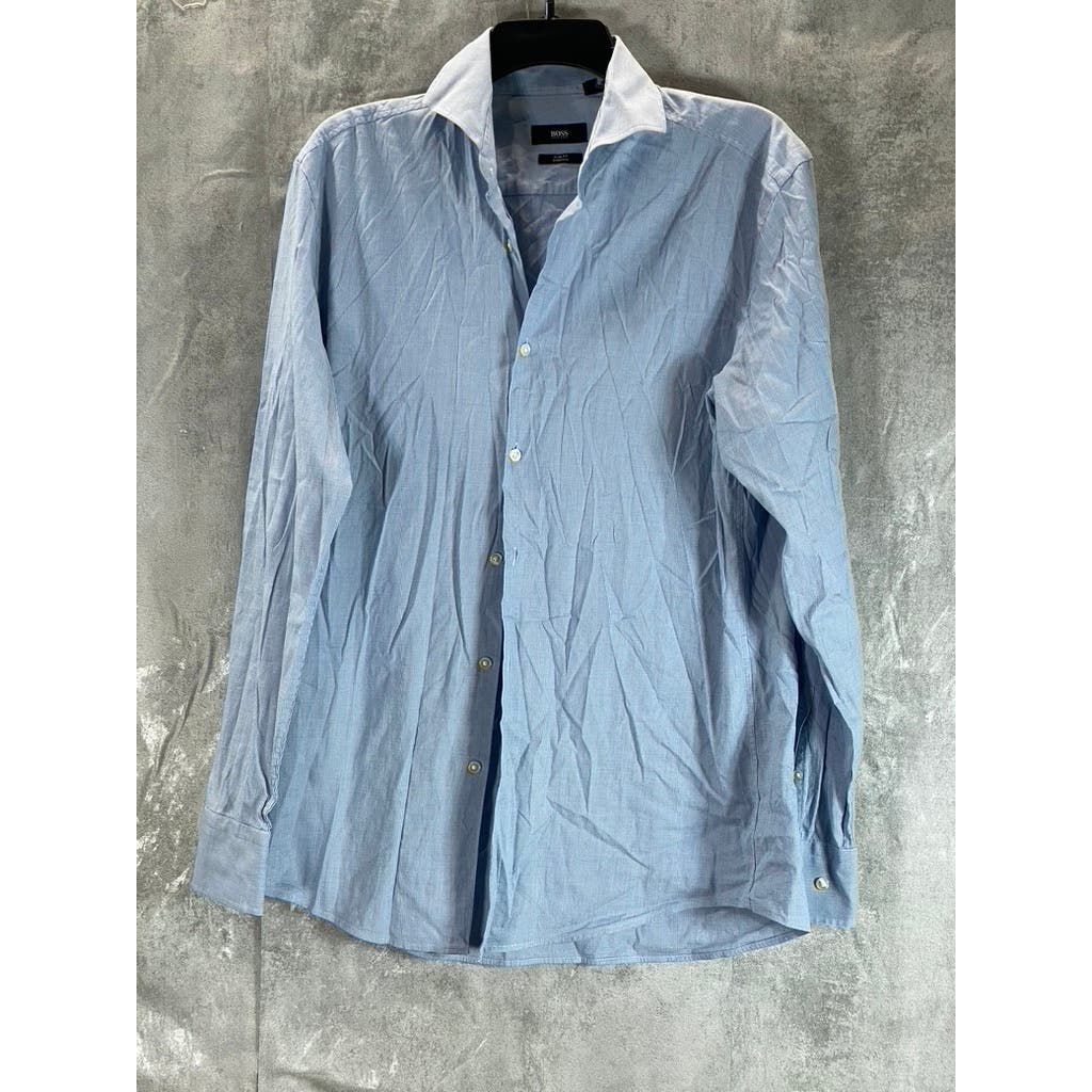 HUGO BOSS Men's Light Blue Dwayne Slim-Fit Stretch Button-Up Dress Shirt SZ 16