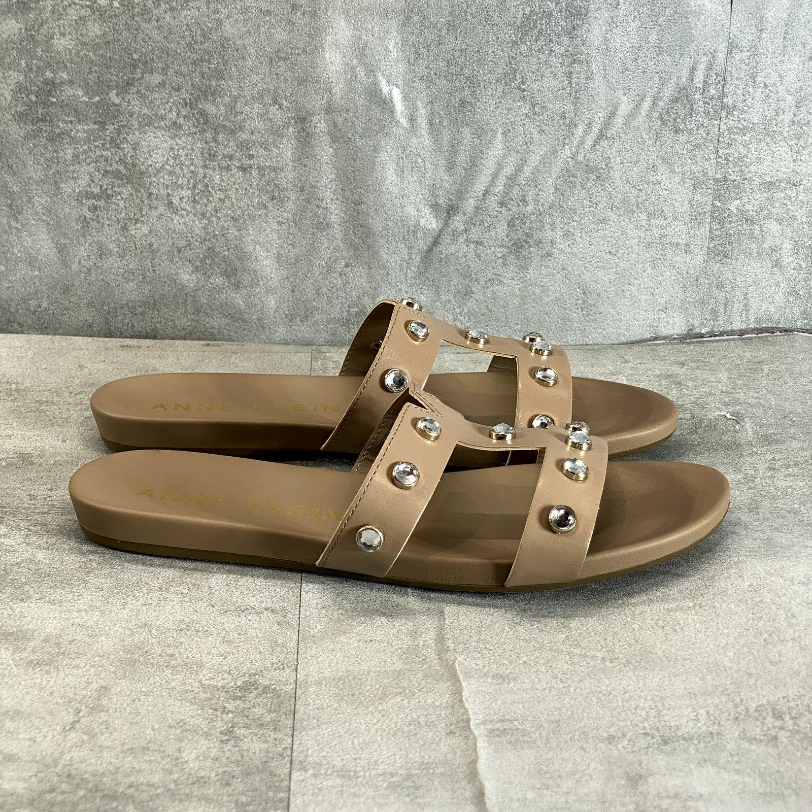 ANNE KLEIN Women's Natural Gold Studded Akely Slide Sandals SZ 8