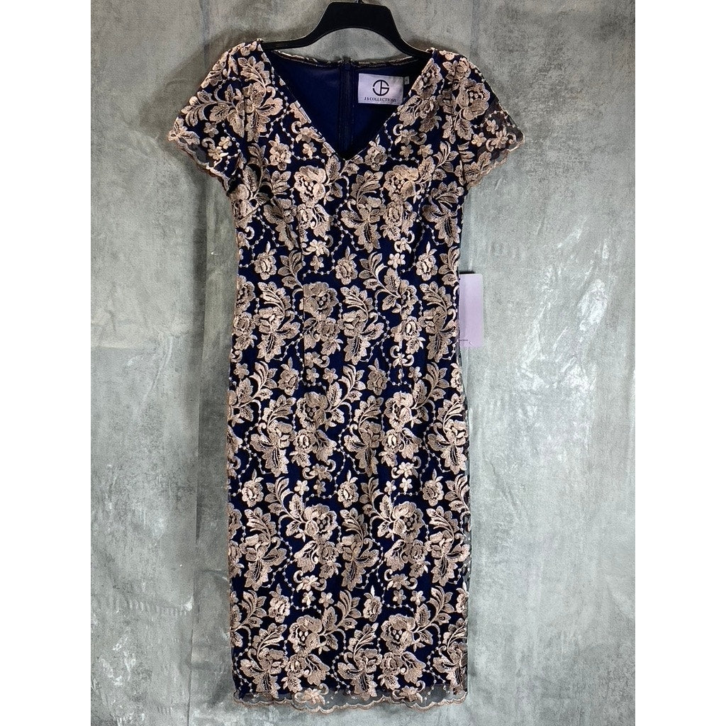 JS COLLECTION Women's Navy/Latte V-Neck Floral Embroidered Scalloped Trim Dress