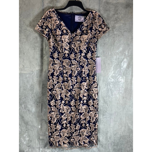 JS COLLECTION Women's Navy/Latte V-Neck Floral Embroidered Scalloped Trim Dress