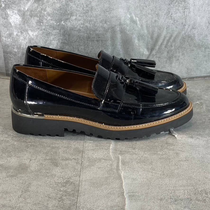 FRANCO SARTO Women's Black Patent Carolynn Almond-Toe Lug Sole Loafers SZ 9.5