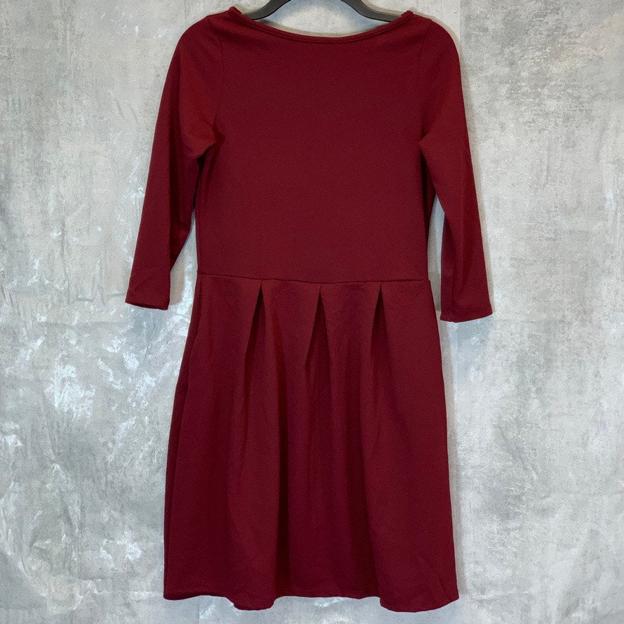 24/7 COMFORT APPAREL Women's Burgundy 3/4 Sleeve Fit & Flare Two-Pocket Mini Dress SZ M