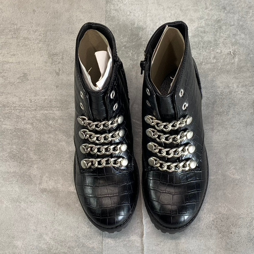 SUGAR Women's Black Croc Embossed Obvi Combat Memory Foam Block Heel Boots SZ6.5