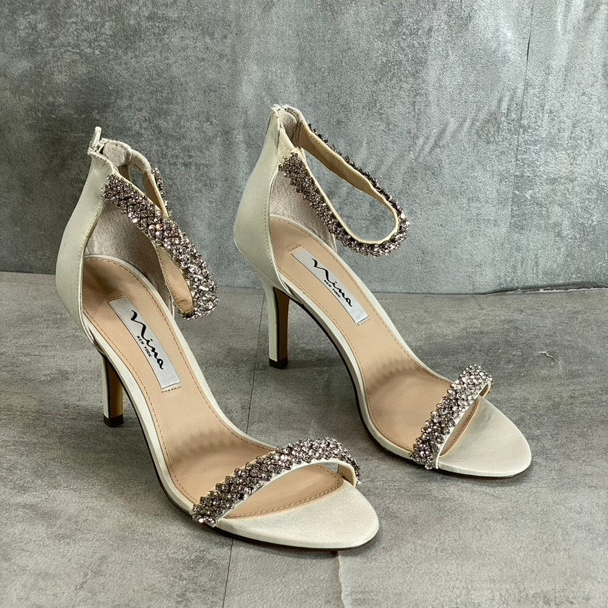 NINA Women's Ivory Luster Satin Vauna Rhinestone Embellished Dress Sandals SZ 7