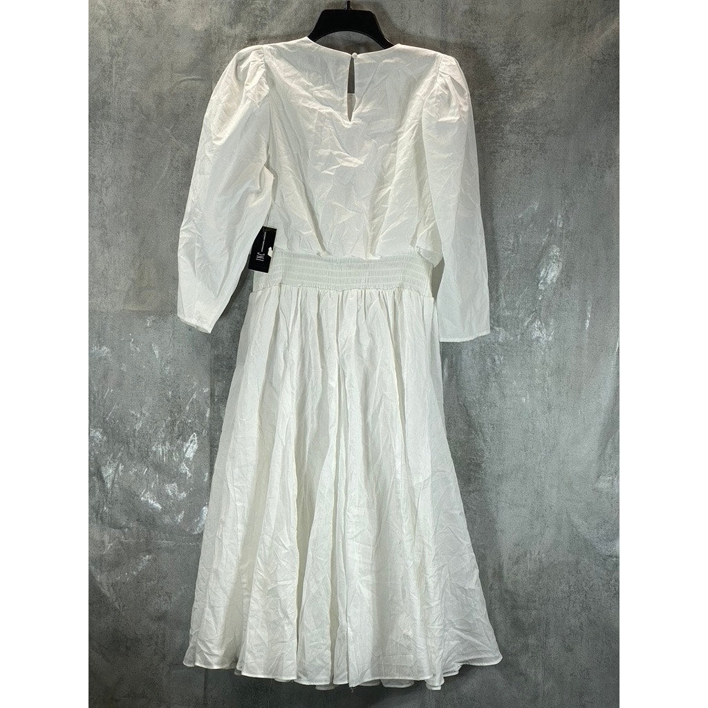 INC Women's Bright White 3/4 Puff Sleeve Cotton Smocked Midi Dress SZ M