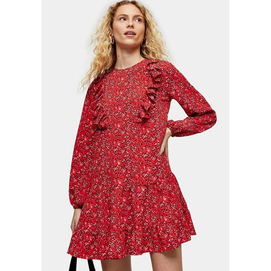 TOPSHOP Red Printed Round Neck Long Sleeve Ruffle Mini Dress SZ 8