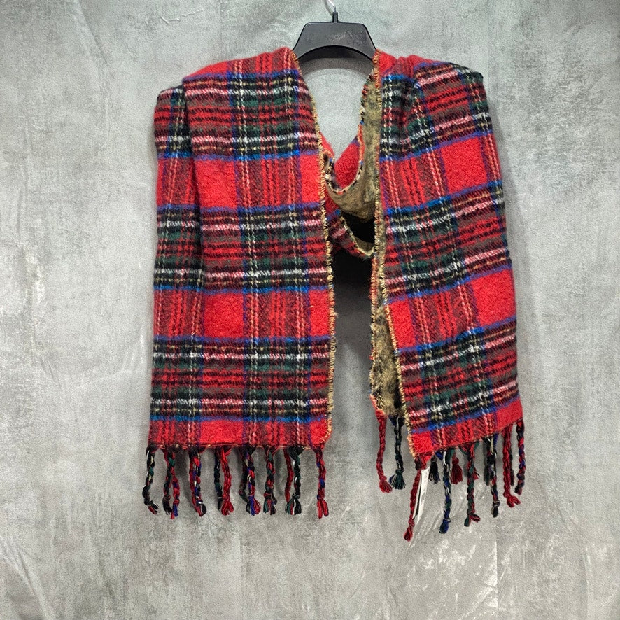 STEVE MADDEN Red Plaid & Animal Print Reversible Blanket Scarf OS