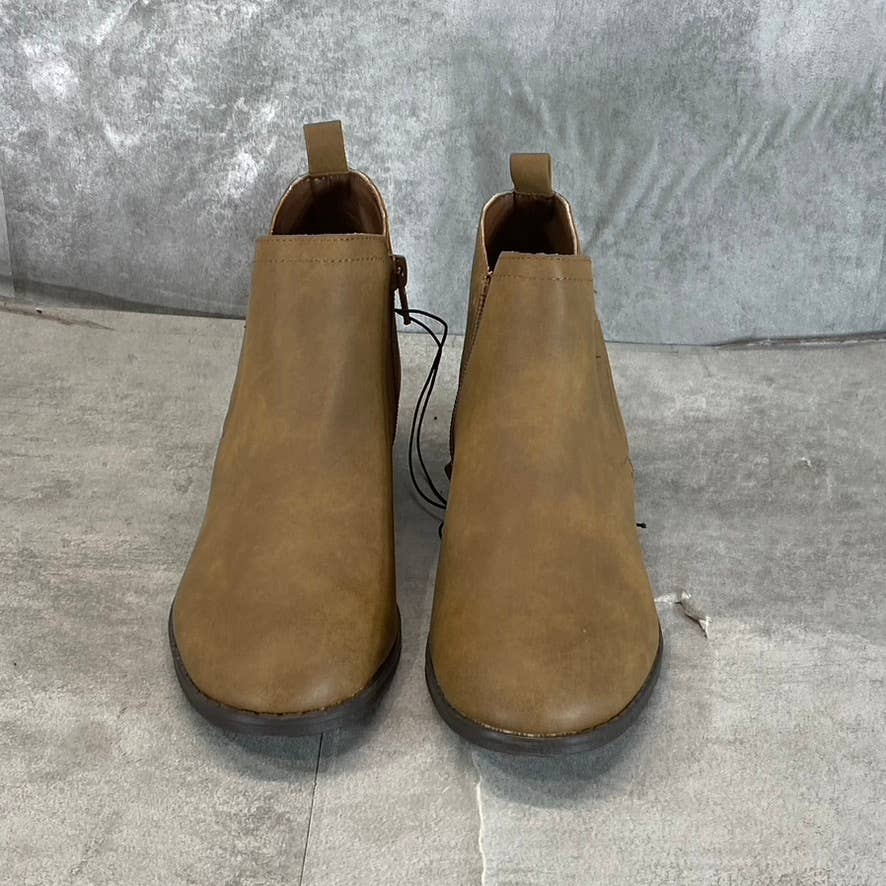 SUN+STONE Women's Tan Cadee Memory Foam Slip-On Block Heel Ankle Booties SZ 5.5