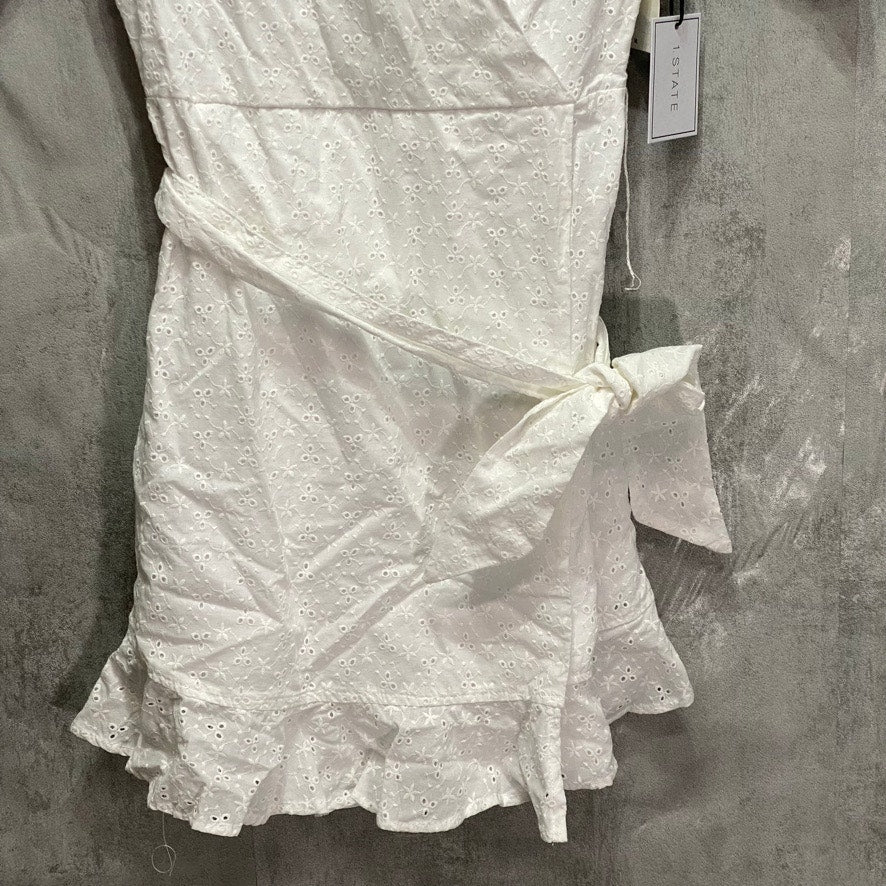 1. STATE White Wrap-Front Tie Waist V-Neck Ruched Short-Sleeve Mini Dress SZ 4