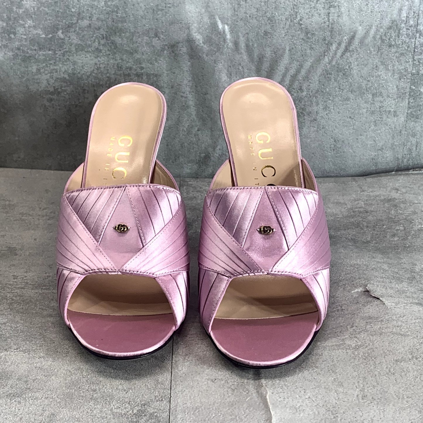 GUCCI Women's Light Pink Satin Heeled Slide Open Toe Sandal SZ 39 US 9