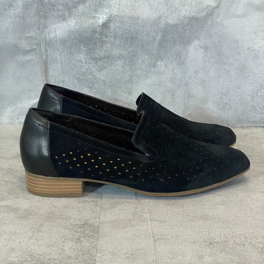 CLARKS Wide Width Black Laser-Cut Suede Juliet Hayes Block Heel Loafers SZ 10W