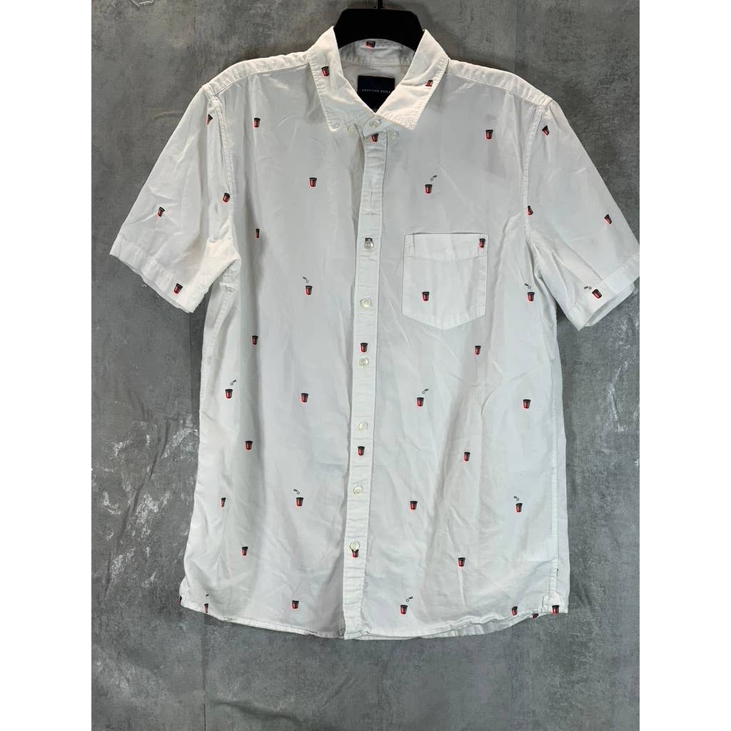 AMERICAN EAGLE Men's Tall White Red Cup Print Button-Up Short-Sleeve Shirt SZL/T