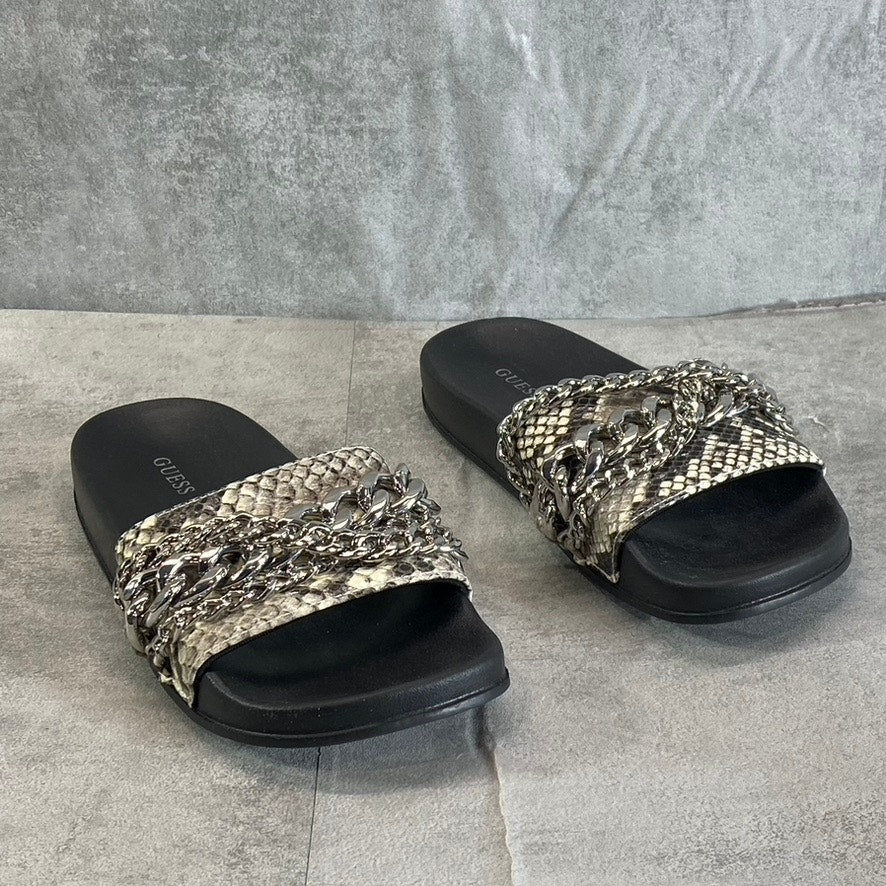 GUESS Women's Tan Animal Embossed Salema Chain Detail Slide Pool Sandals SZ 5