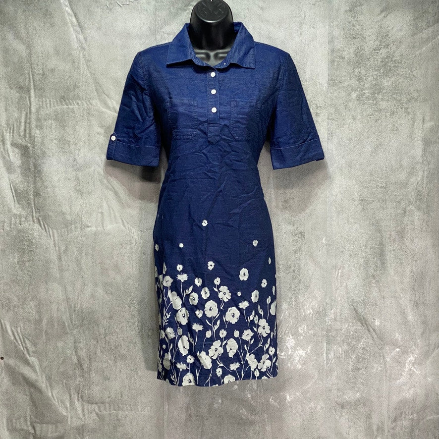 KAREN SCOTT Petite Blue Floral-Print Short-Sleeve Collar Mini Denim Dress SZ P/P