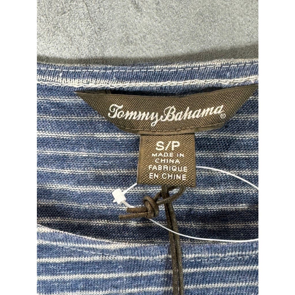 TOMMY BAHAMA Women's Grey/Blue Striped Crewneck Short Sleeve Linen Top SZ S