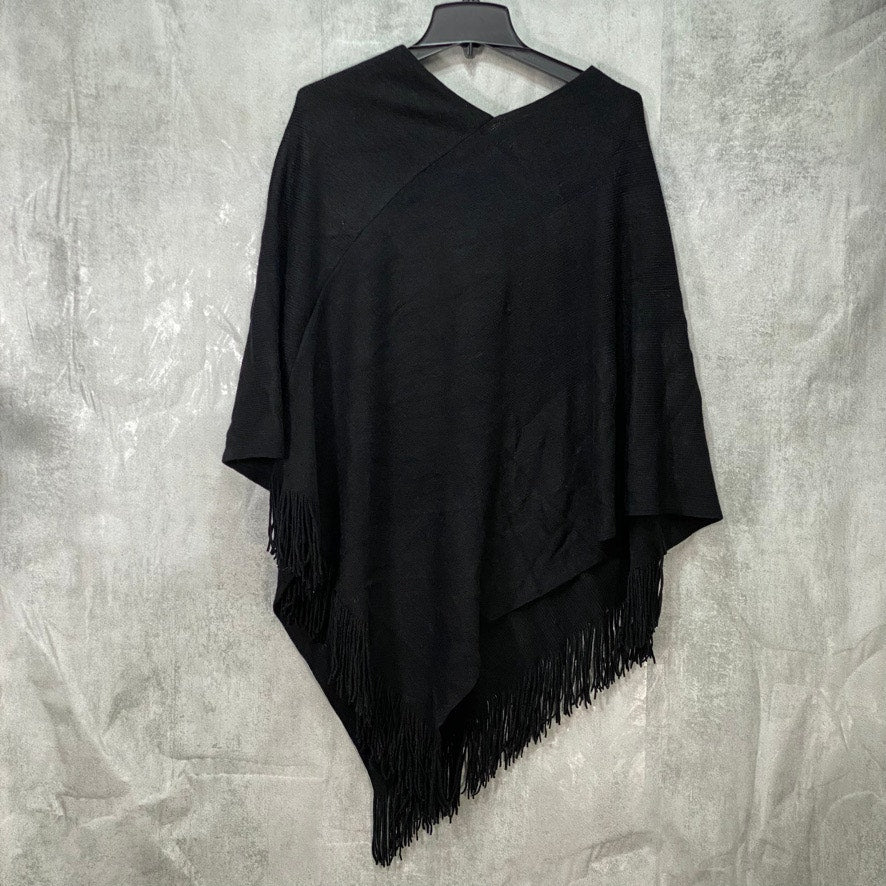 CEJON Solid Black Back to Basics Fringe Poncho OS