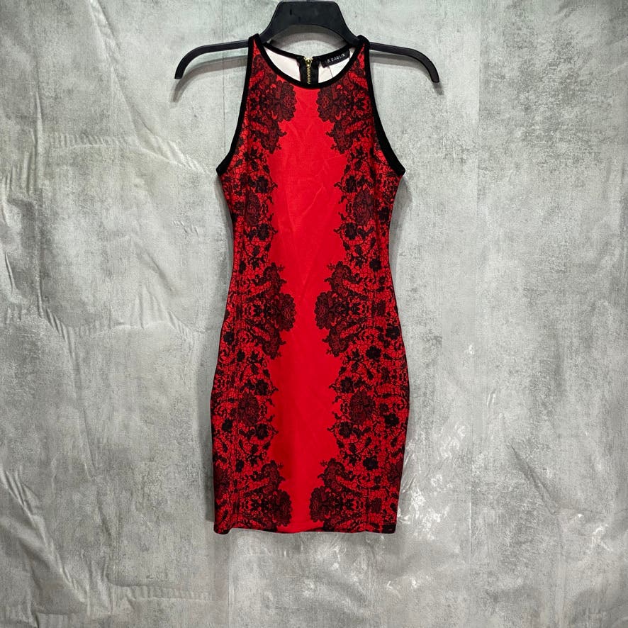 B. DARLIN Juniors' Red High-Neck Sleeveless Floral Bodycon Mini Dress SZ 0