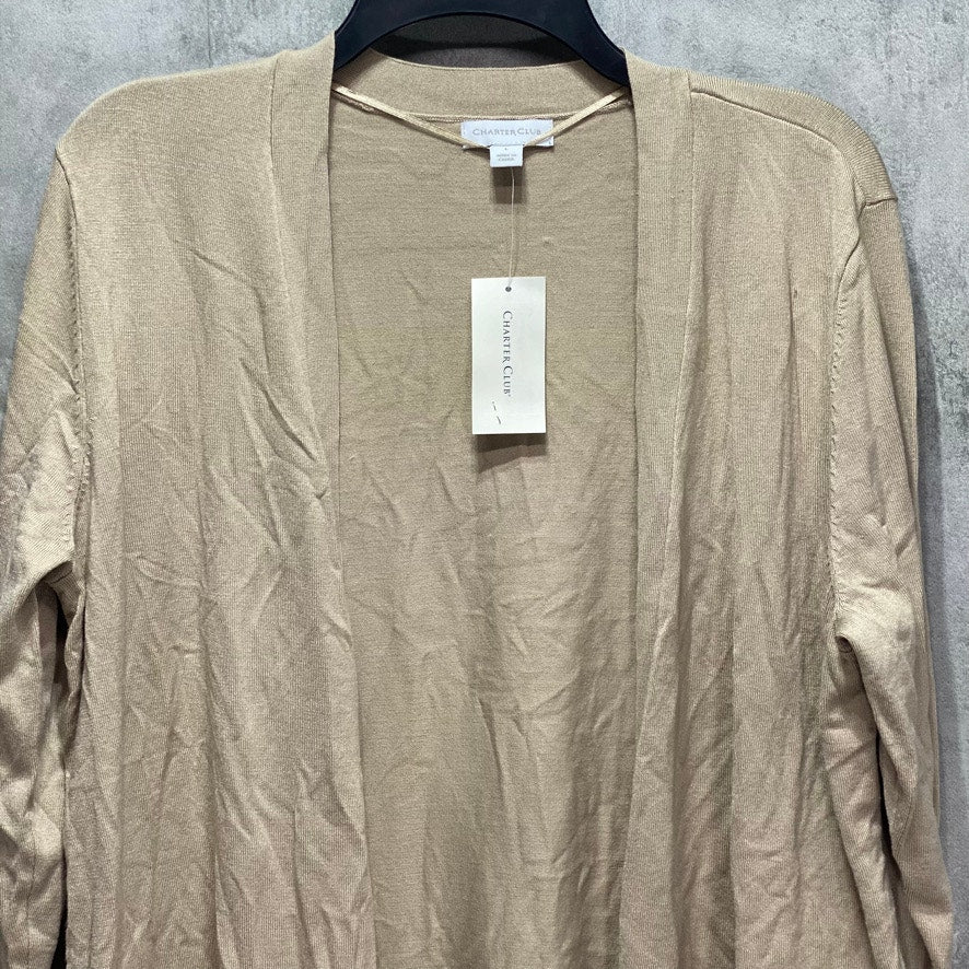 CHARTER CLUB Tan Open-Front Ottoman Pointelle Long Sleeve Cardigan SZ L