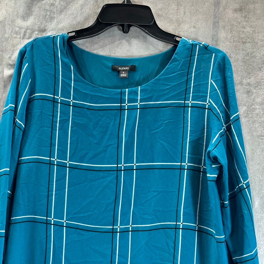 ALFANI Women's Blue Windowpane Chiffon Scoop-Neck Long-Sleeve Tunic Top SZ S