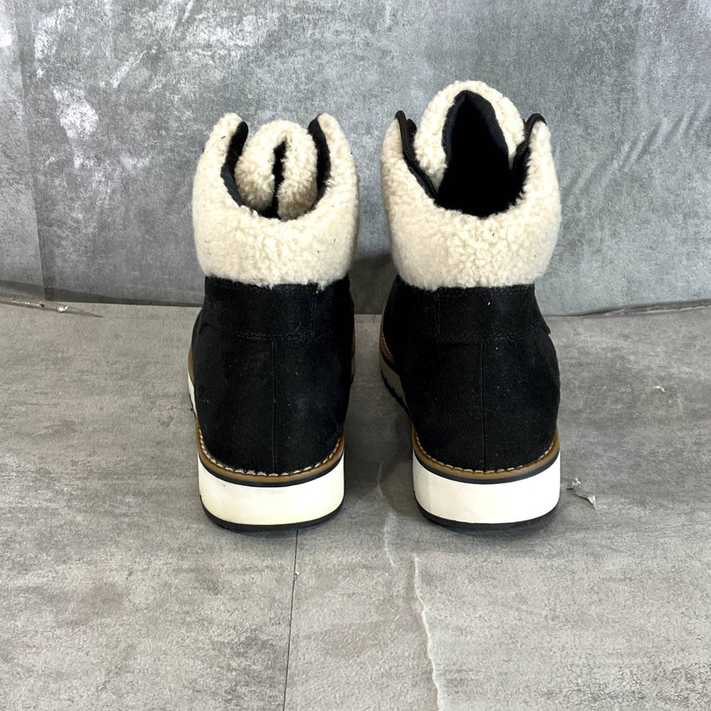 WHITE MOUNTAIN Women's Black Pebble Grain Faux-Shearling Cozy Wedge Bootie SZ 7