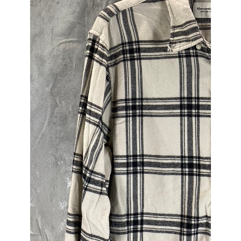ABERCROMBIE & FITCH Men's Cream/Black Plaid Flannel Button-Up Shirt SZ L