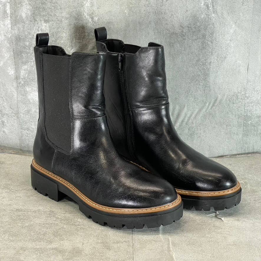 SUN+STONE Women's Black Faux-Leather Burklee Round-Toe Side-Zip Boots SZ 9