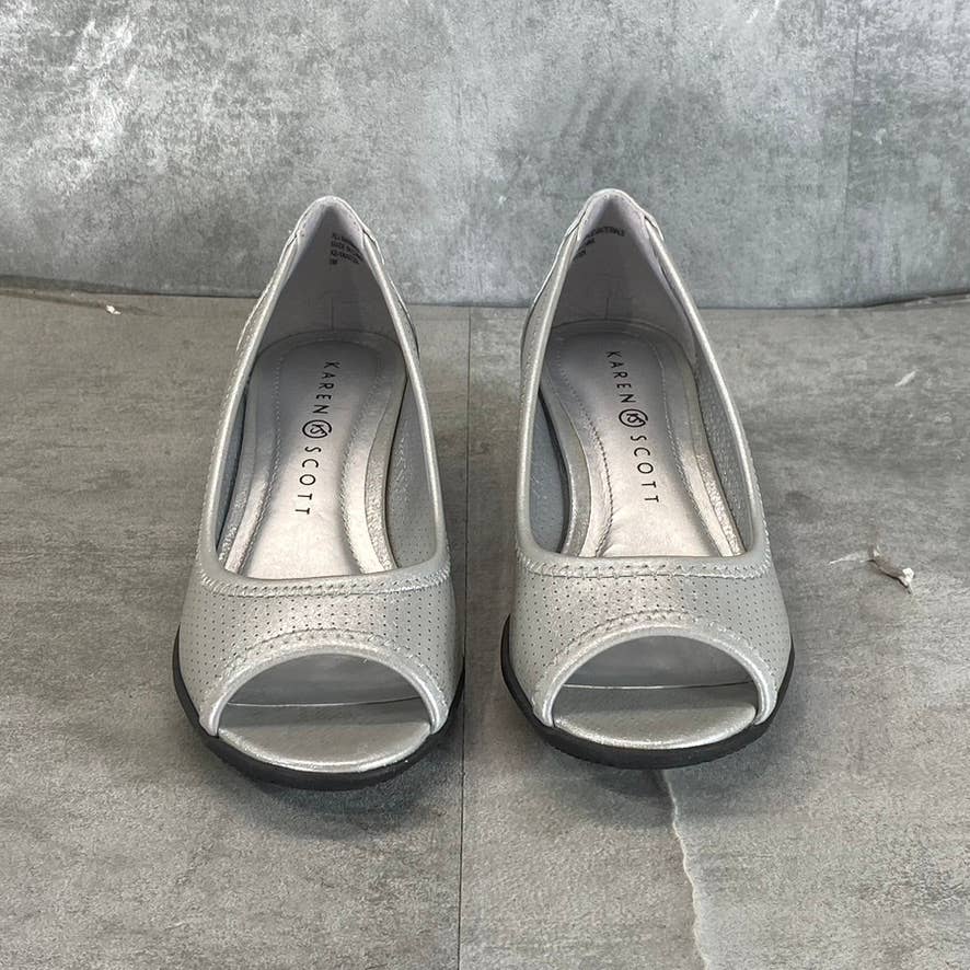 KAREN SCOTT Women's Silver Perforated Yaritza Open-Toe Wedge Slip-On Pumps SZ 5
