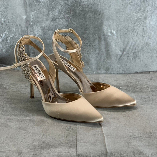 BADGLEY MISCHKA Women's Nude Satin Blanca Rhinestone Ankle-Strap Pumps SZ 8