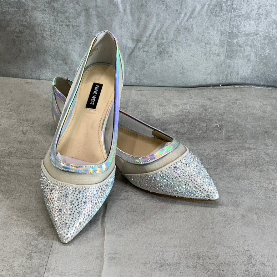NINE WEST Women's Silver Bogus Rhinestone Embellished Pointed-Toe Mesh Flats SZ7
