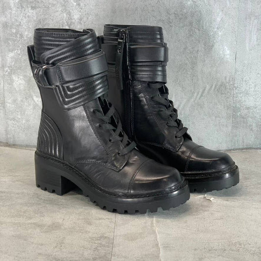 DKNY Women's Black Basia Buckle Quilted Lace-Up Block-Heel Combat Boots SZ 5.5