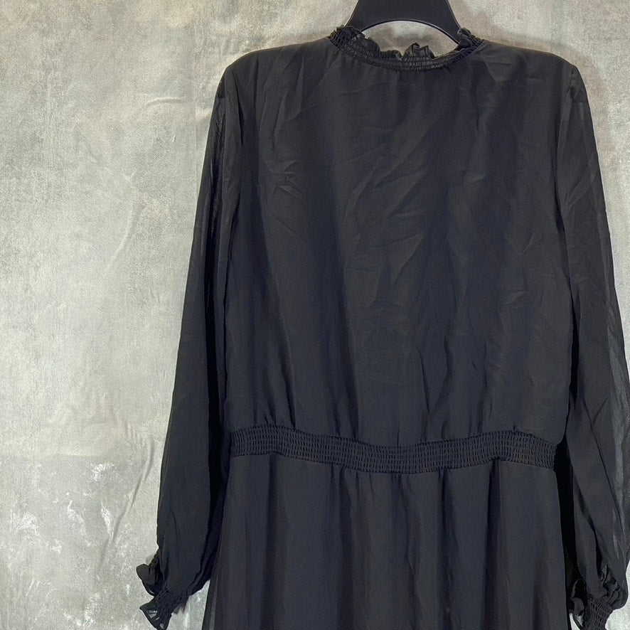 1. STATE Women's Black Split-Neck Smocked Hi-Low Long Blouson Sleeves Dress SZ M