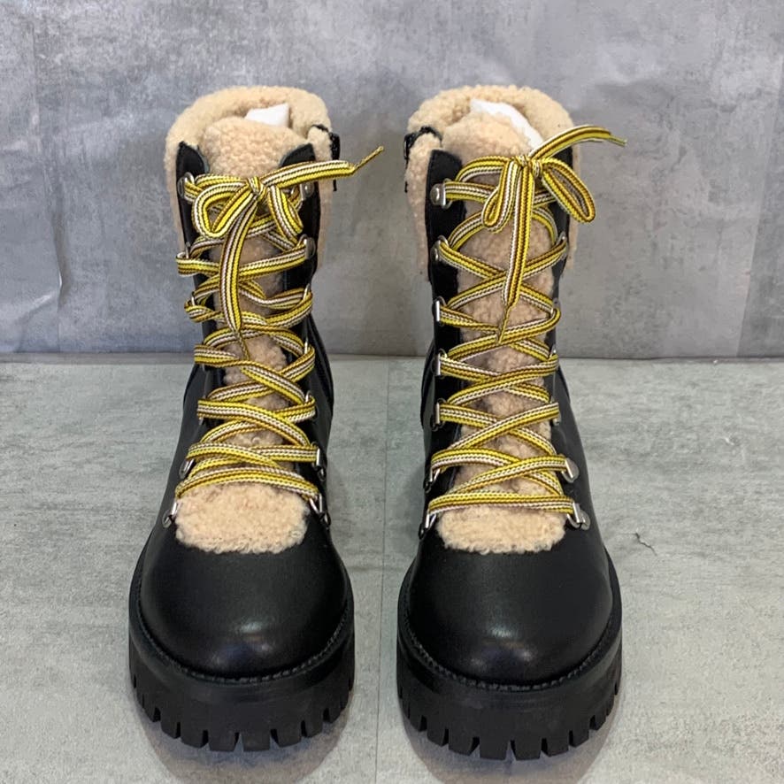 STEVE MADDEN Black Leather Faux-Fur Aniko Side Zipper Lace-Up Winter Boots SZ 10
