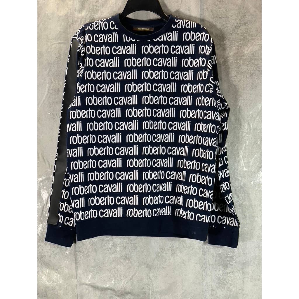 ROBERTO CAVALLI Men's Navy Logo Print Allover Crewneck Pullover Sweatshirt SZ M