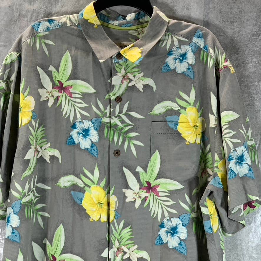 TOMMY BAHAMA Men's Grey Original-Fit Floral-Print Button-Up Silk Shirt SZ XL