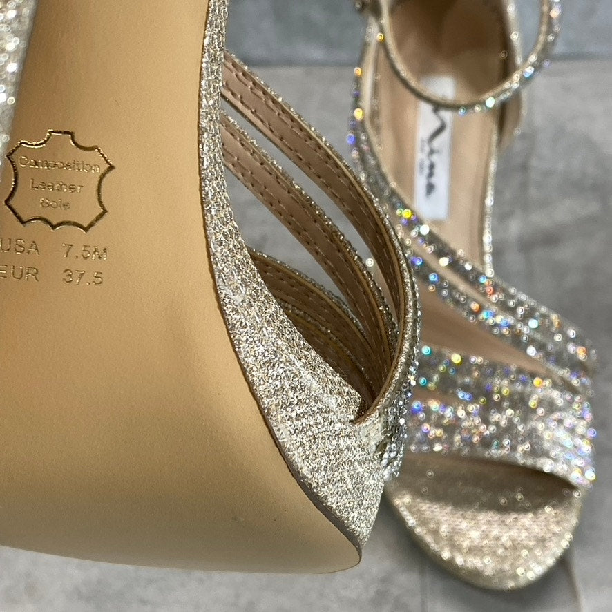 NINA Women's Soft Platino Dreamland Freyja Rhinestone Embellished Open-Toe Stiletto Sandals SZ 7.5