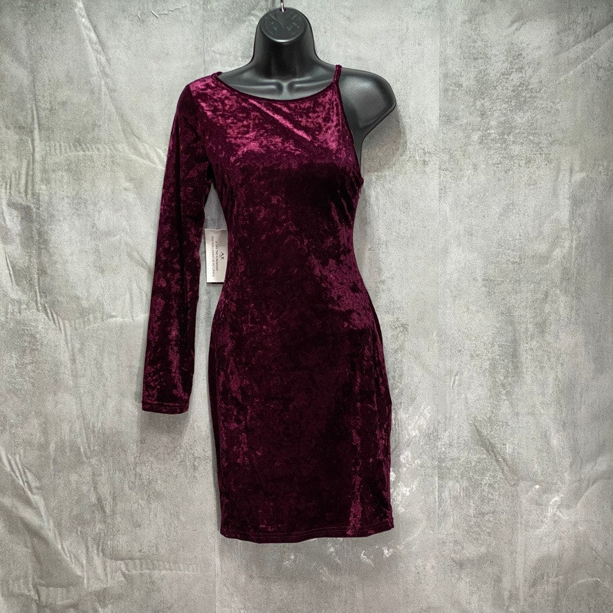 AX PARIS Plum Crushed Velvet Boat Neck One Sleeve Mini Dress SZ 6