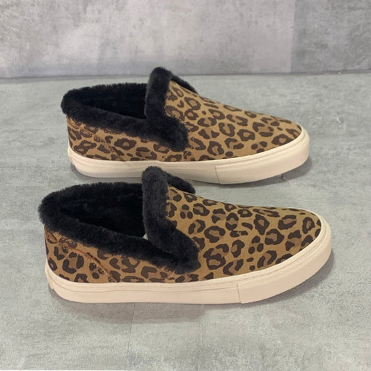 TRETORN Tan/Black Leather Leopard Print Faux Fur Slip-On Round-Toe Sneakers SZ 5