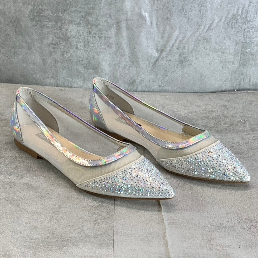 NINE WEST Women's Silver Bogus Rhinestone Embellished Pointed-Toe Mesh Flats SZ7