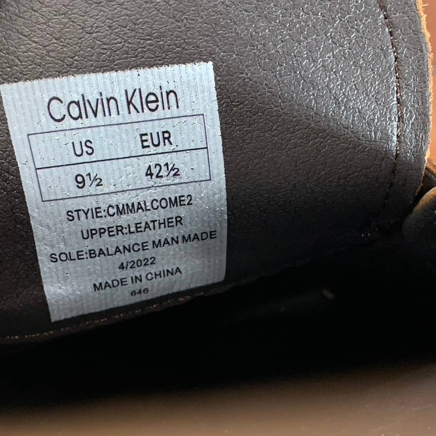 CALVIN KLEIN Men's Dark Tan Leather Malcome Slip-On Casual Loafers SZ 9.5
