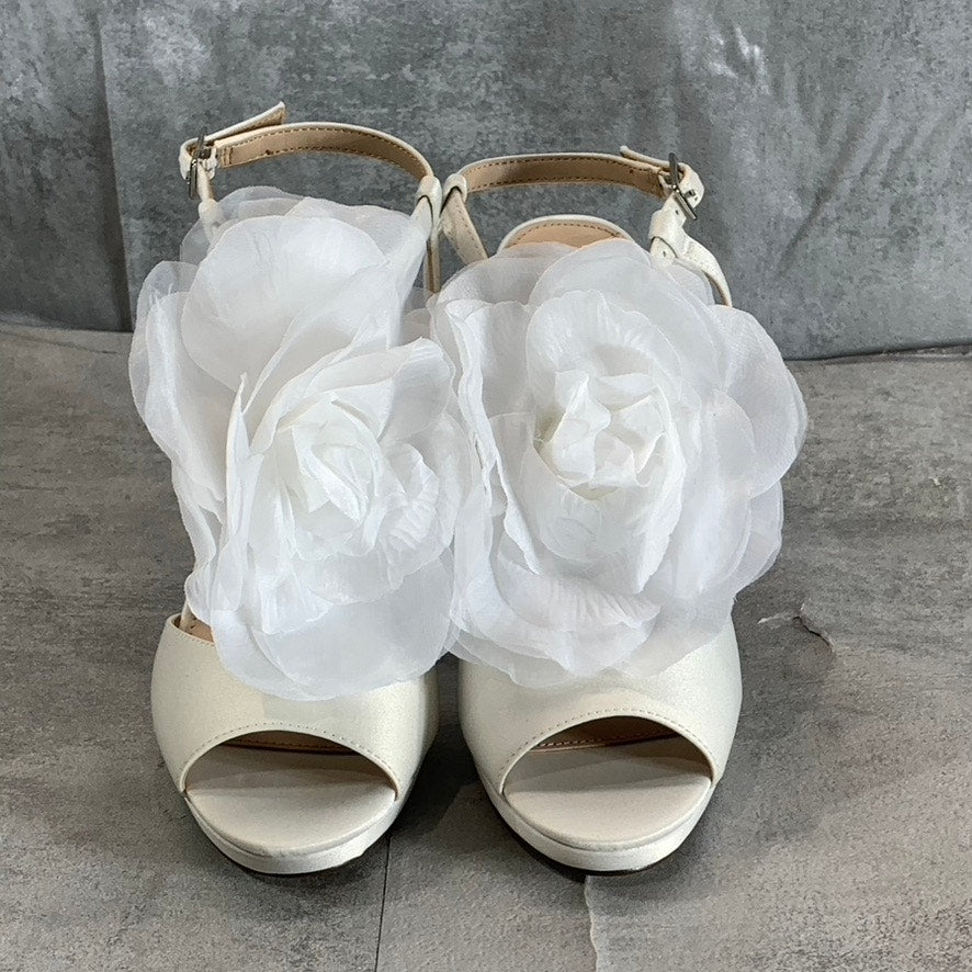 NINA Women's Ivory Luster Satin Brijida 3D-Flower T-Strap Platform Sandals SZ 6