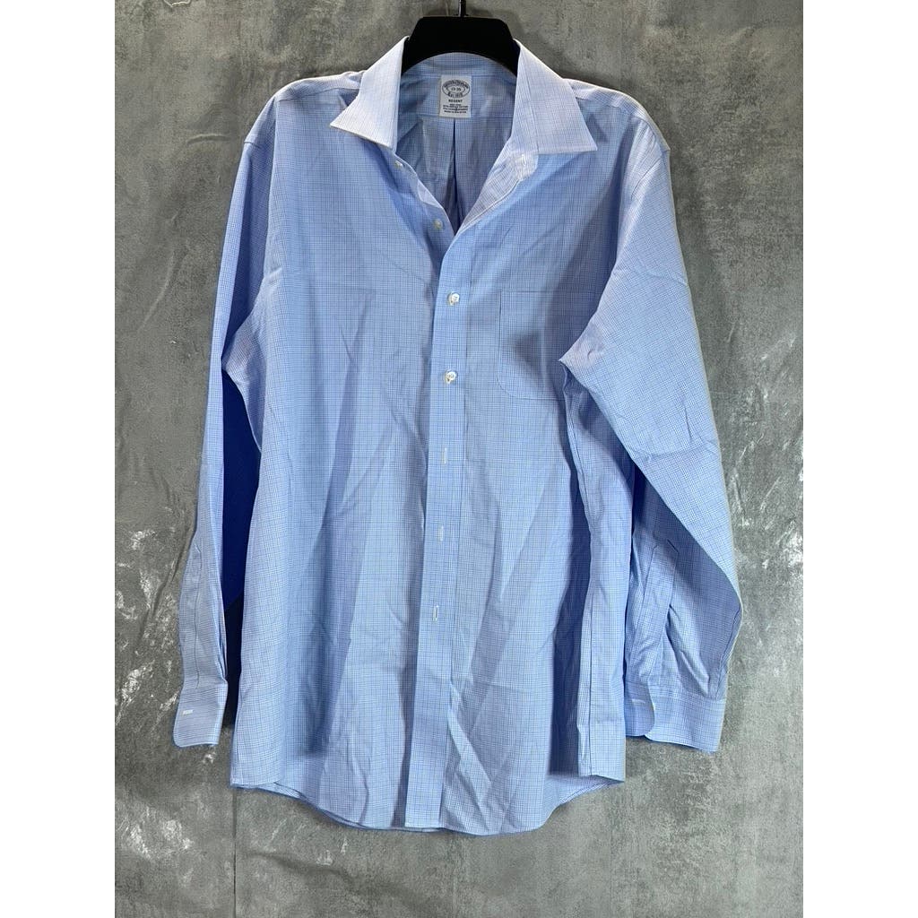 BROOKS BROTHERS Men's Light Blue Mini Check Regular-Fit Dress Shirt SZ 17-35