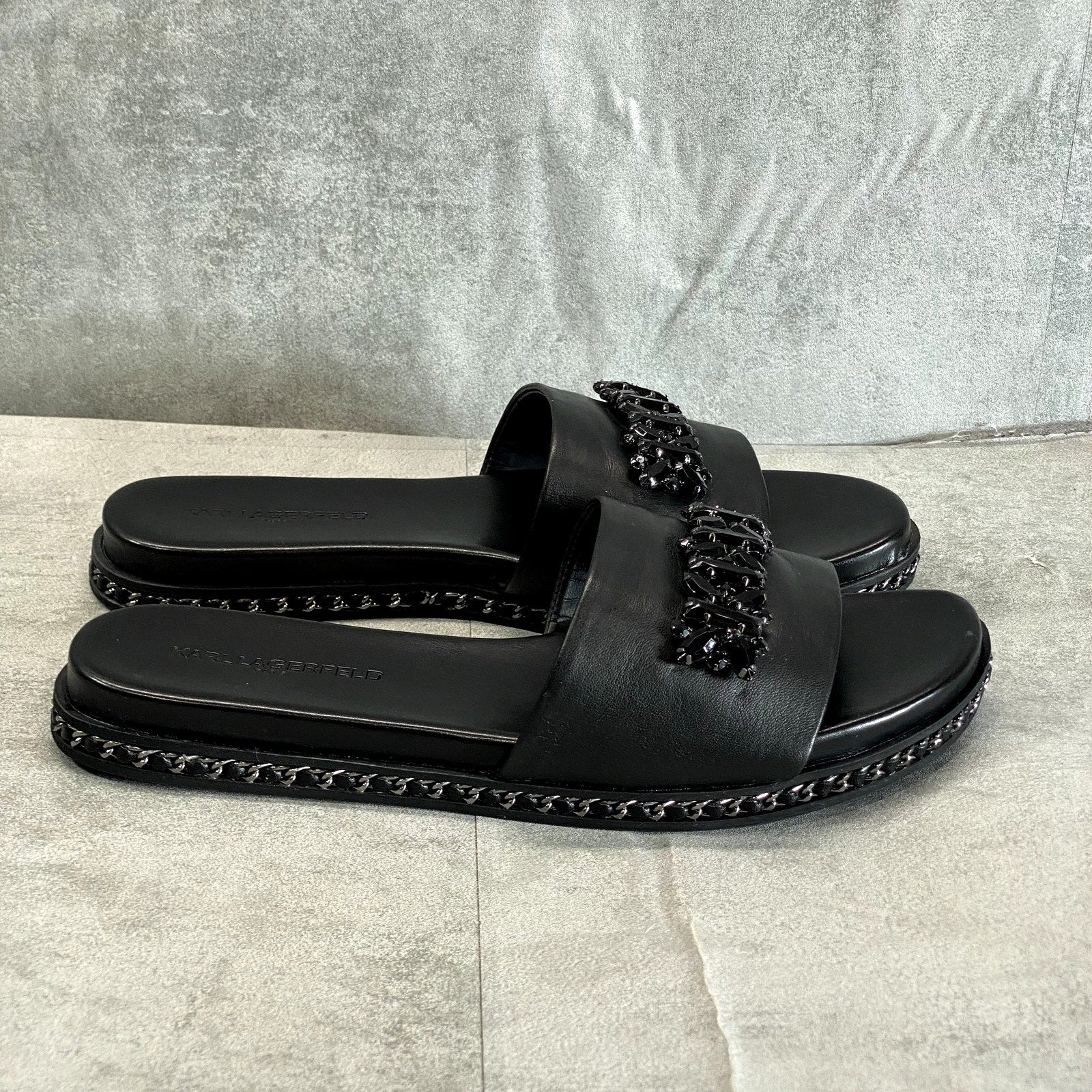 KARL LAGERFELD PARIS Women's Black Rhinestone Embellished Bijou Slide Sandals