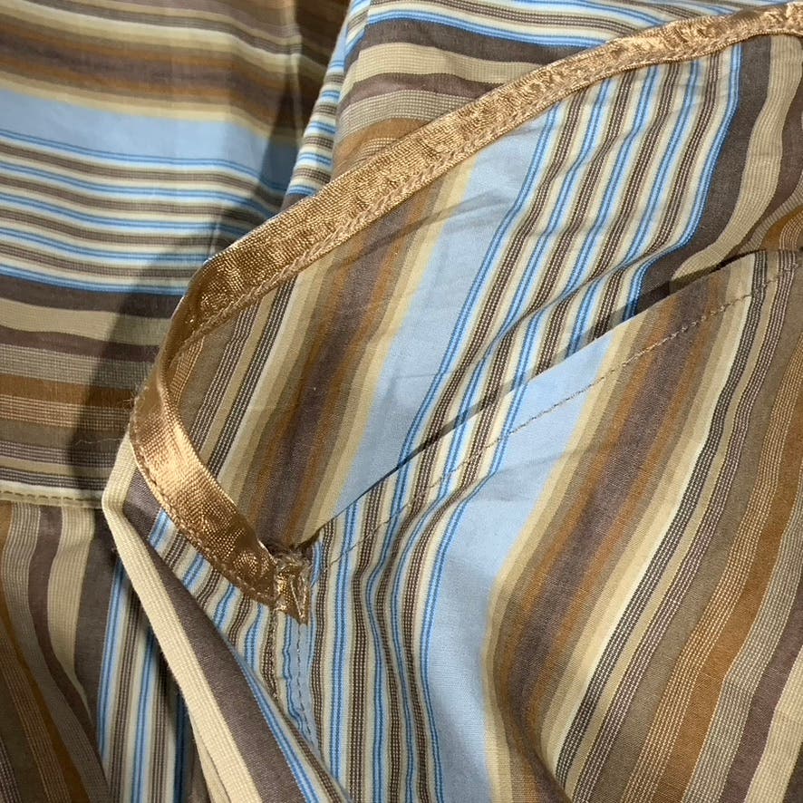 PS. PAUL SMITH Men's Brown/Blue Striped Satin-Trim Wide Cuff Shirt SZ NA