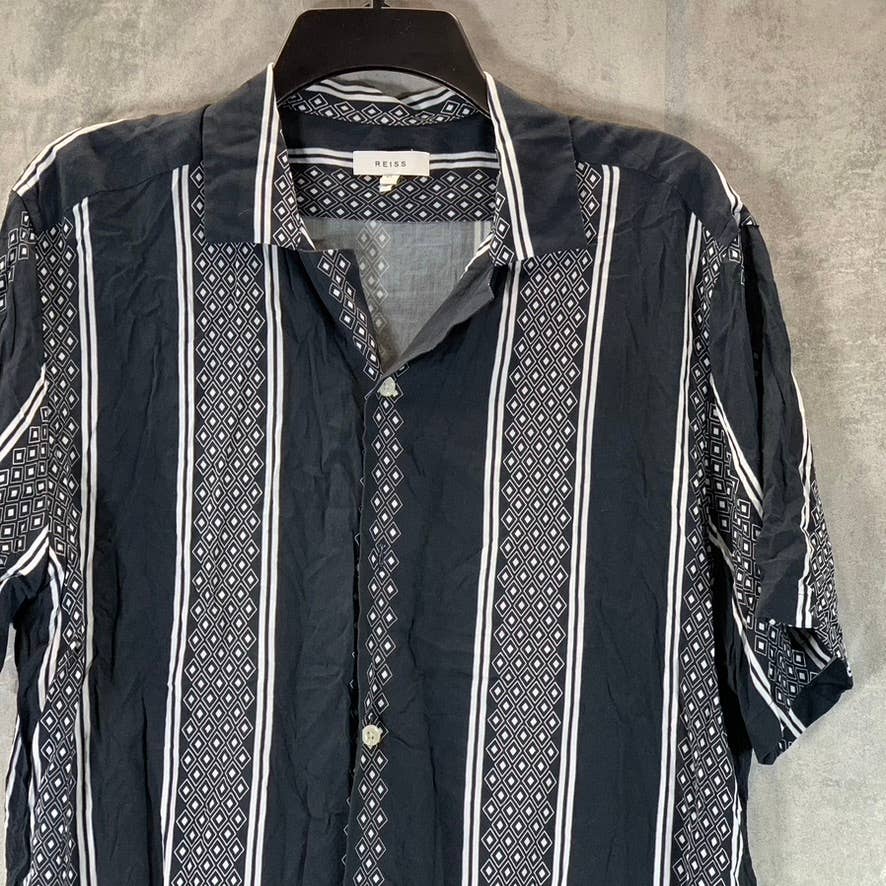 REISS Men's Black/White Diamond Striped Button-Up Short-Sleeve Camp Shirt SZ XL